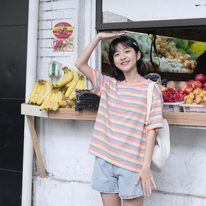 彩虹条纹t恤女上衣
