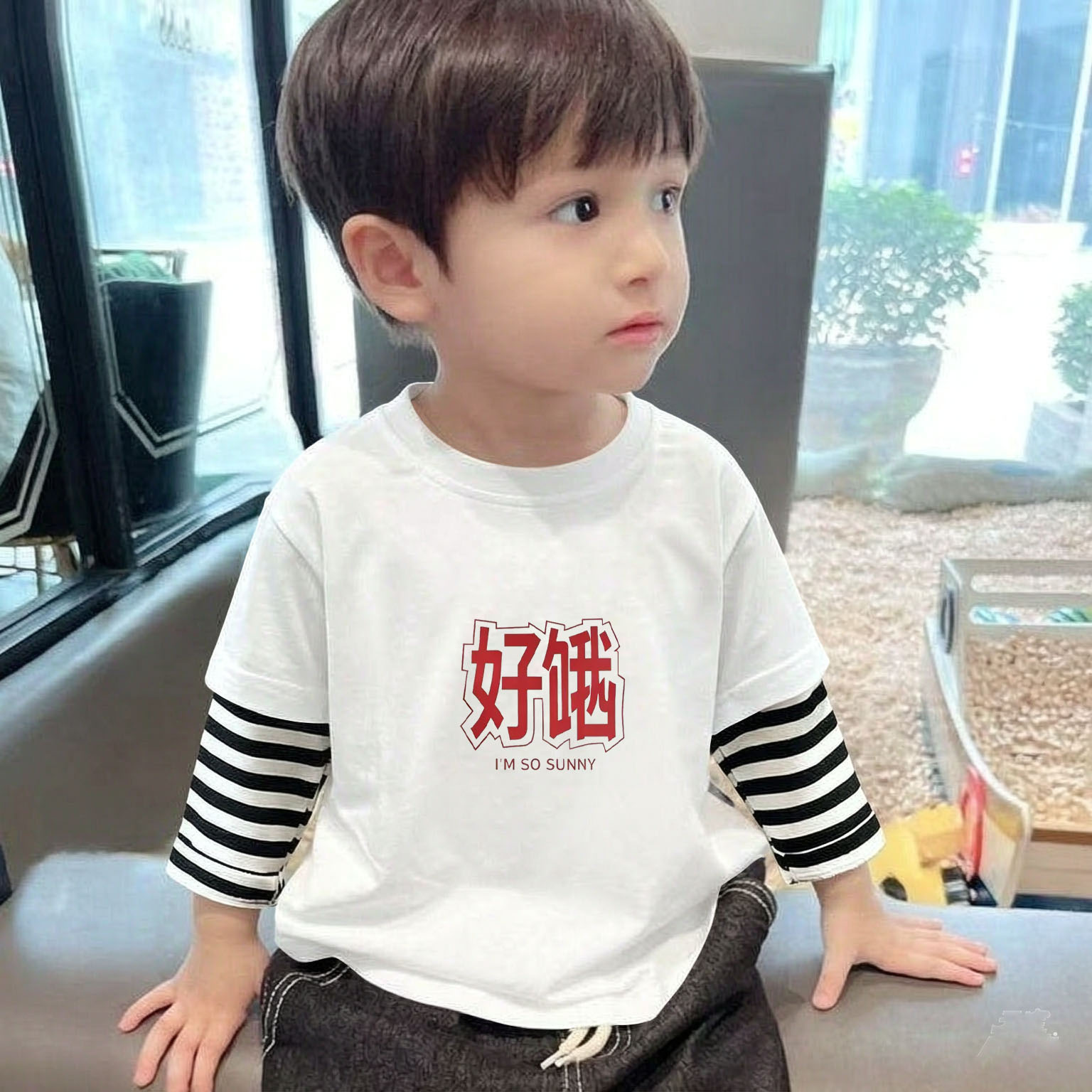 卡通纯棉男女童条纹短袖T恤