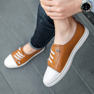免系鞋带小白鞋男士2026年新款春季薄款平底休闲软牛皮一脚蹬潮鞋