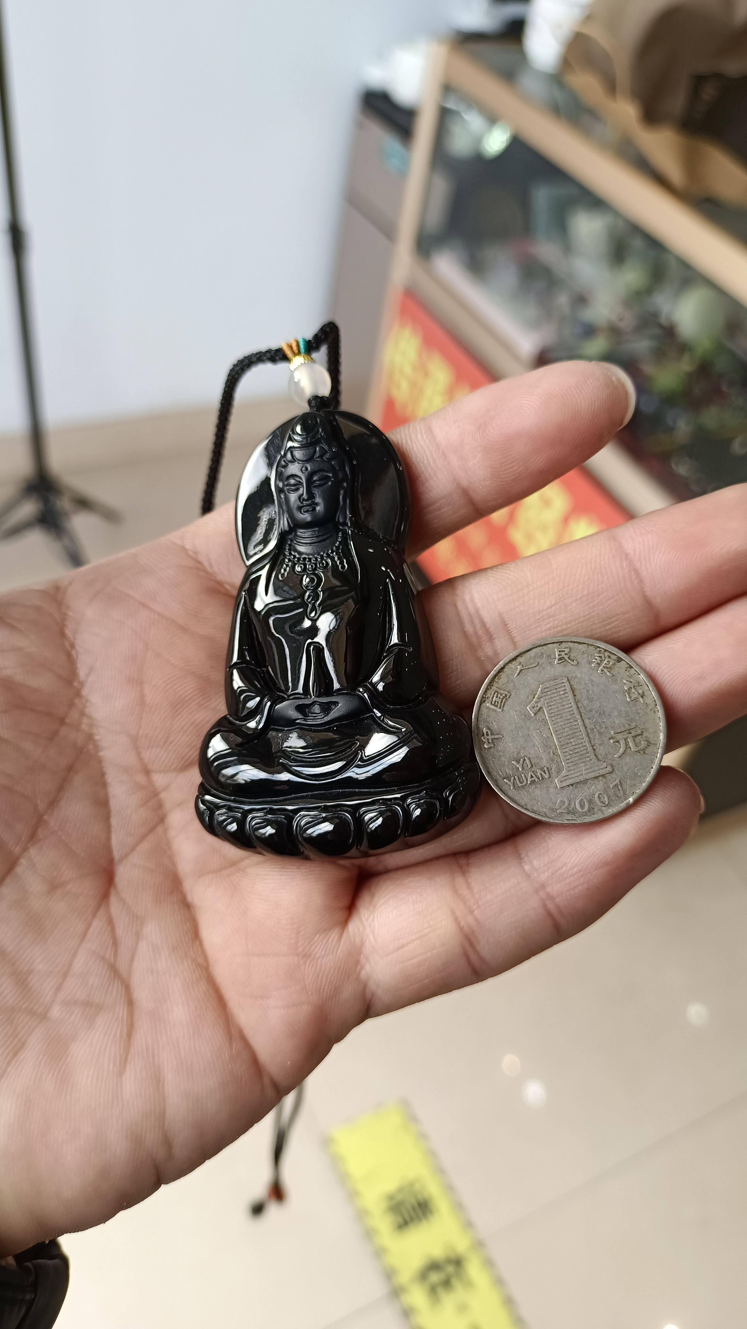 天然缅甸墨翠a货翡翠素衣净瓶大观音玉石吊坠透绿挂件男士吊坠