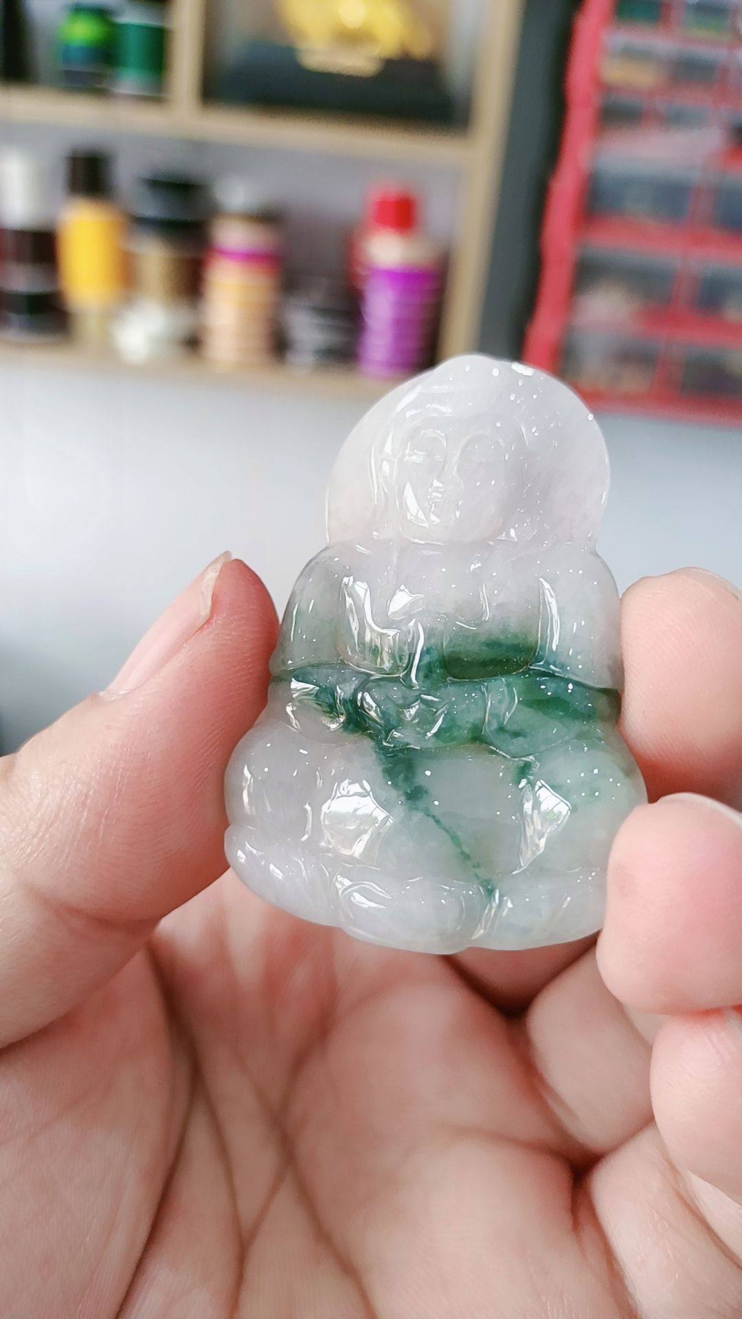 老蒋观音 天然缅甸A货翡翠老坑冰种飘花翡翠观音坤圣珠宝