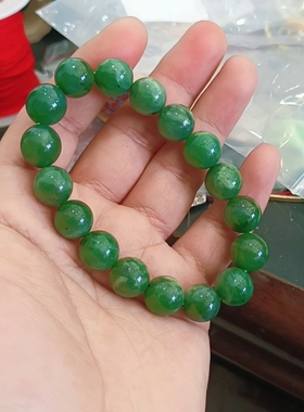 坤圣珠宝新疆纯天然和田玉碧玉菠菜绿肉底圆珠手串单圈一物一拍