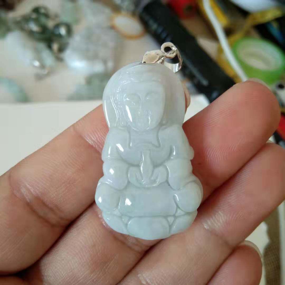 天然翡翠A货老坑小观音翡翠观音冰润玉观音挂件玉坠带扣带皮绳