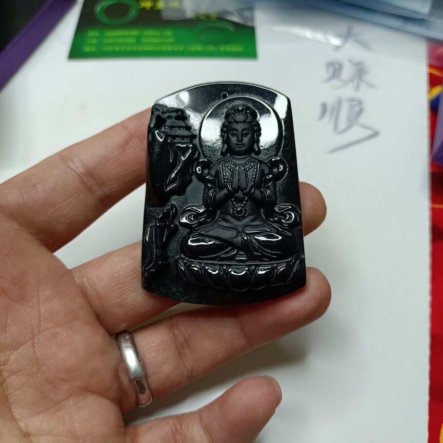 天然缅甸翡翠A货墨翠山水观音牌吊坠大师精工山水观音坤圣珠宝