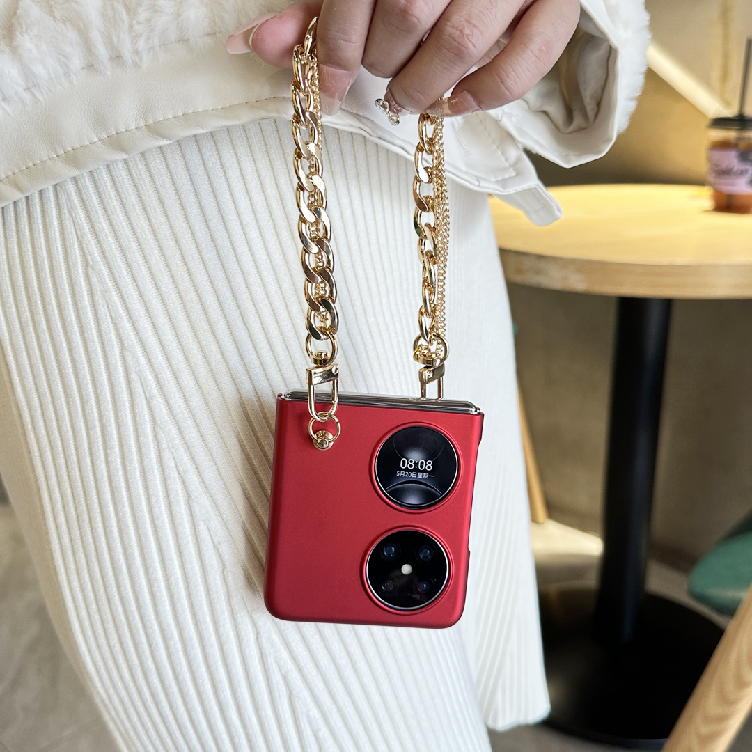 适用华为Pocket2手机壳折叠屏p50pocketS新款斜跨保护套链条腕带保护壳女款红色手提外壳全包防摔