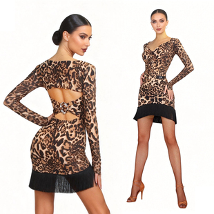 ZS拉丁舞裙女流苏包臀半身练习豹纹舞蹈恰恰迷你小短裙 L366