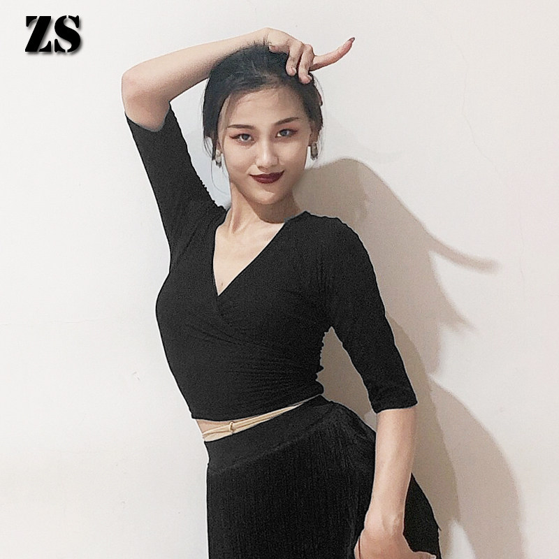 拉丁舞跳舞服装v领练功服摩登舞练习新款秋冬百搭显身材上衣 y108
