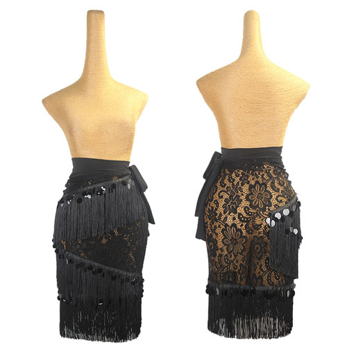 ZS蕾丝臀巾 拉丁舞服流苏动感显腿长女成人练功服练习半身裙 L550