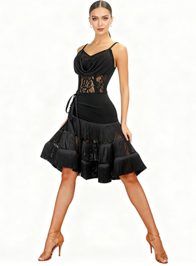 ZS蕾丝重工 拉丁舞服抽绳流苏跳舞练习表演练功服下装大摆裙 L426