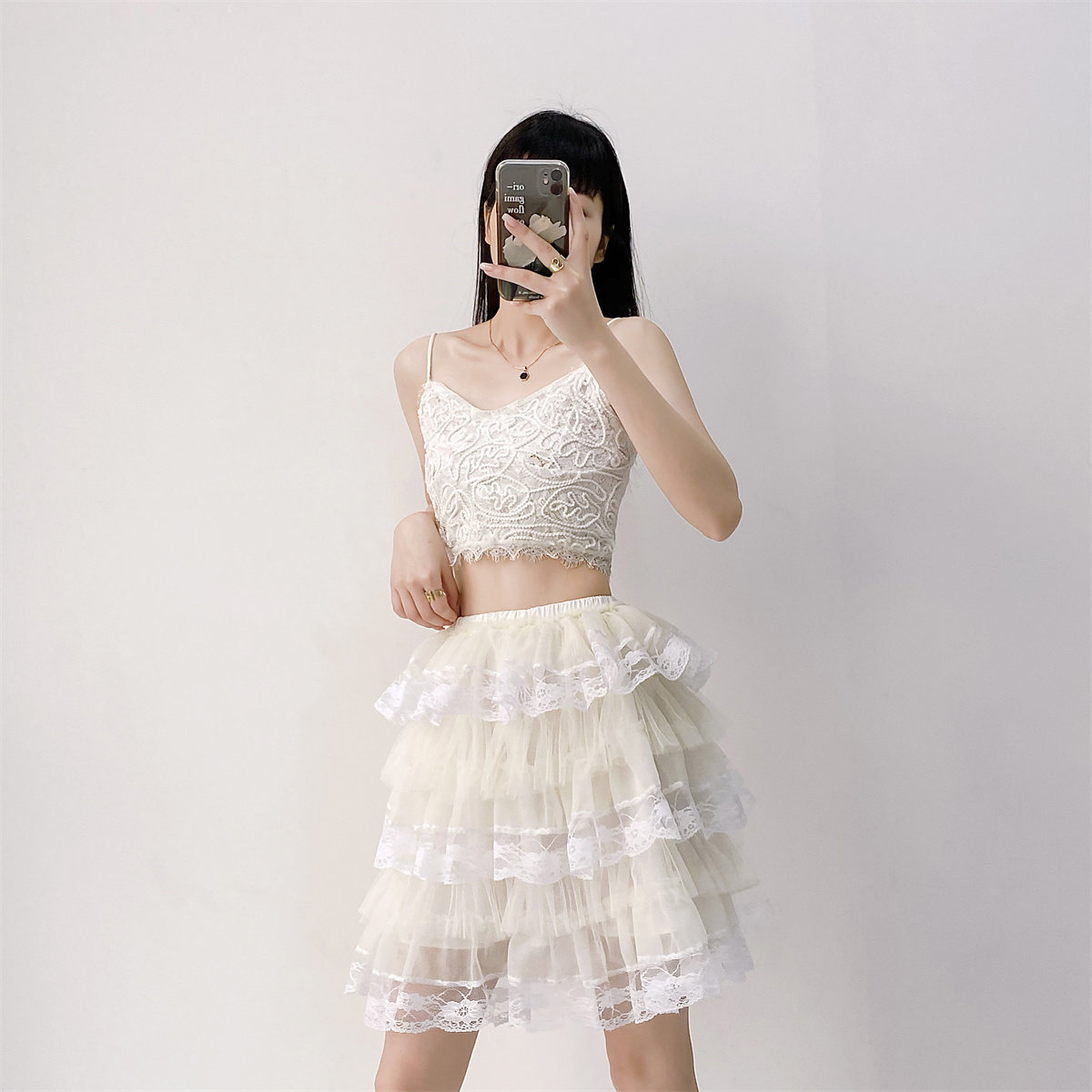 2023韩版夏季女士半身裙中裙蓬蓬裙高腰a字网纱牛仔百搭流苏显高
