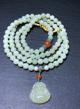 R542 天然和田玉黄口三圈手链原创佛公款项链多用款多圈6mm新疆料