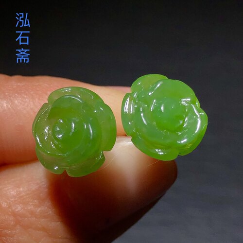 ZZ0200 天然和田玉碧玉玫瑰花耳饰s925银10mm辣苹果绿耳饰礼物女