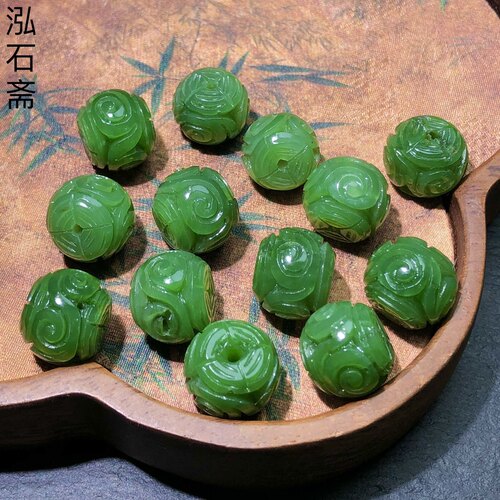 1A153 天然和田玉碧玉回纹鼓珠单散珠吊坠配件乌兰海13/11mm俄料