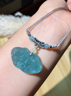 S865 天然A货翡翠如意锁锁骨链项链冰蓝水30/19mm玉石挂件玉佩