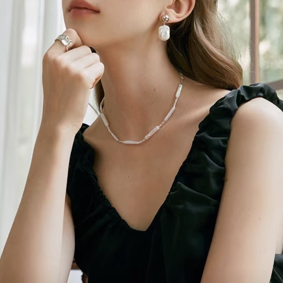 ZZ0966 小银条款巴洛克天然白珍珠锁骨链项链牙签异形不规则