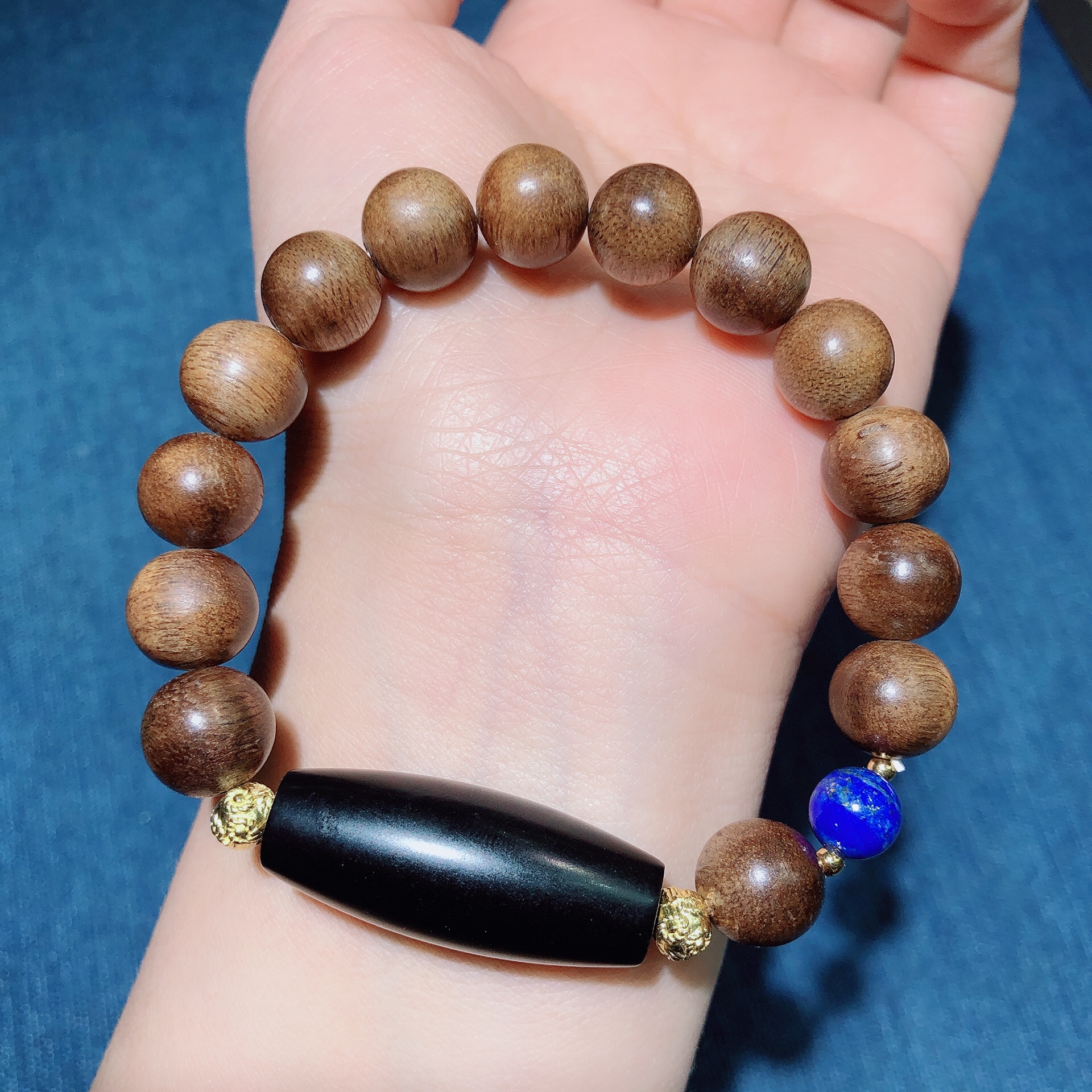 Q138文玩沉香手链原创墨玉天珠款手串黑羊脂玉设计款首饰10mm