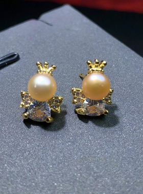 ZZ0896 天然珍珠耳钉金粉色天使皇冠款淡水珍珠耳坠女9/12mm