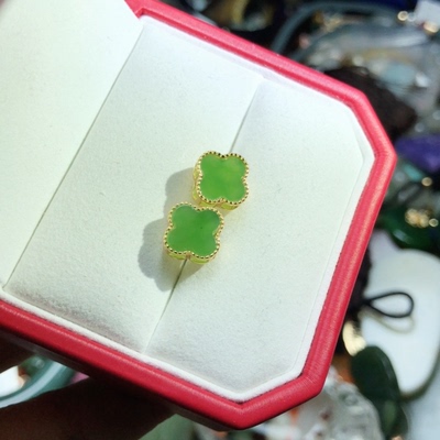 Z18天然和田玉碧玉耳钉9mm耳饰四叶草款925银金色