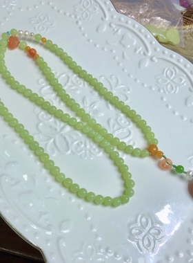 P463 天然和田玉黄口料6mm佛珠原创老蜜蜡饼子手链毛衣链多用款