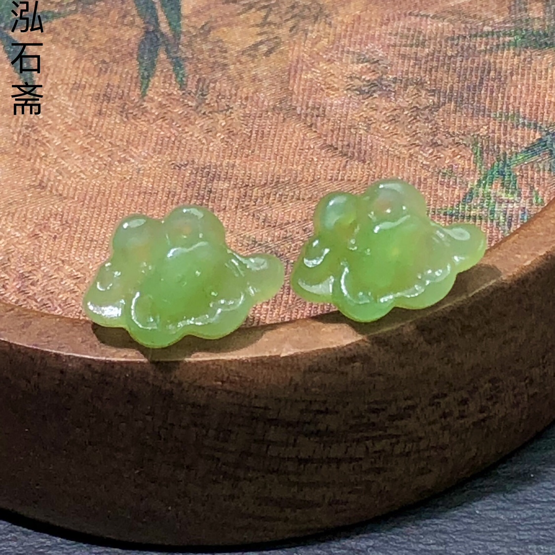 1A170 天然和田玉碧玉莲花耳钉苹果绿s925银9/14mm女耳饰礼物
