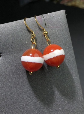 OO0395 天然一线天珠玛瑙耳坠女10mm红玛瑙圆珠耳饰红色耳环耳饰