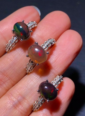 ZZ0432 天然欧泊戒指黑欧泊炫彩活口指环9/7mm澳洲情侣指环礼物