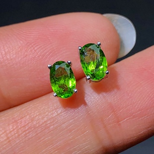 k1天然透辉石耳钉4x6mm 绿色宝石耳坠耳饰
