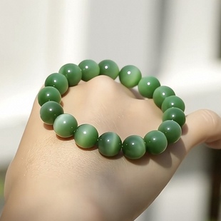 2A28 天然和田玉碧玉猫眼手链串约10mm粉绿单圈精品首饰礼物俄料