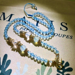 T495 天然玻璃体海蓝宝白水晶吊坠挂件万能链扣珠链绳约6mm毛衣链