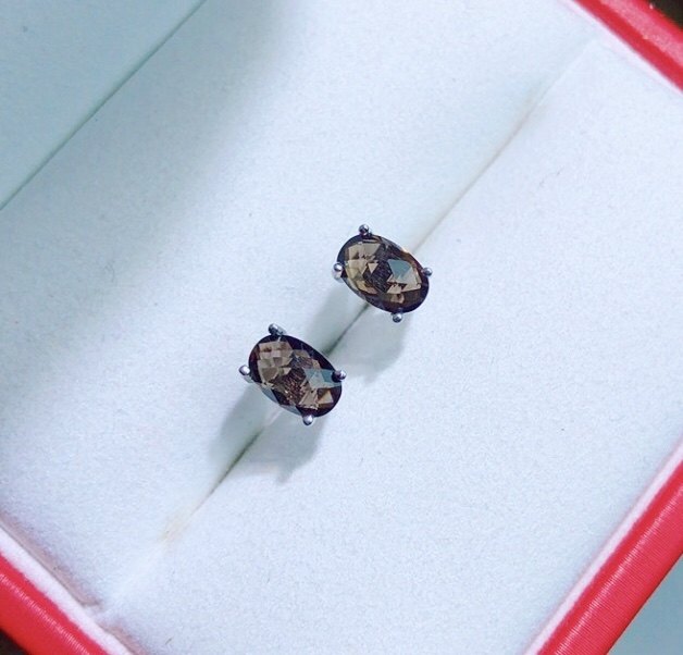 KK0511 天然冰种茶水晶刻面耳钉茶晶烟晶耳饰礼物女6mm