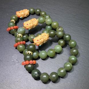 Z505 天然和田玉青黄口手链12mm葡萄肉原创檀木度母南红跑环