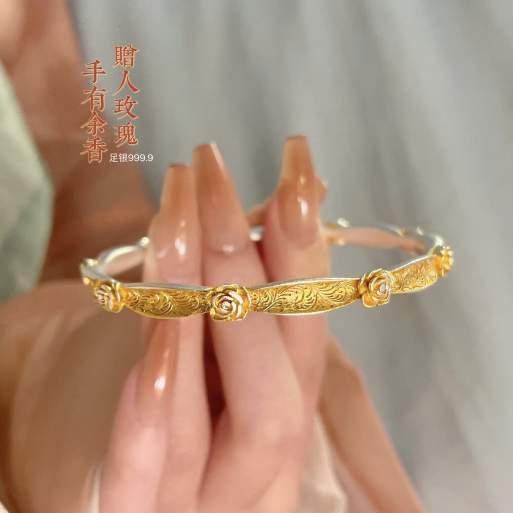 ZZ0634 足银999玫瑰纯银手镯梅花拉丝描金开口镯子新中式国风妈妈