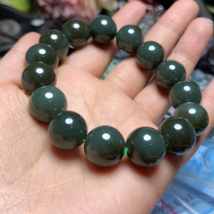 天然和田玉手链14mm瓷蓝糖男女款