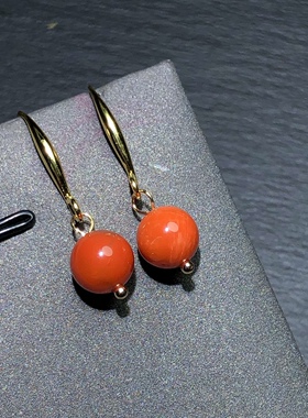 OO0443 天然南红玛瑙圆珠耳坠9mm高跟鞋款柿子红南红川料耳饰女