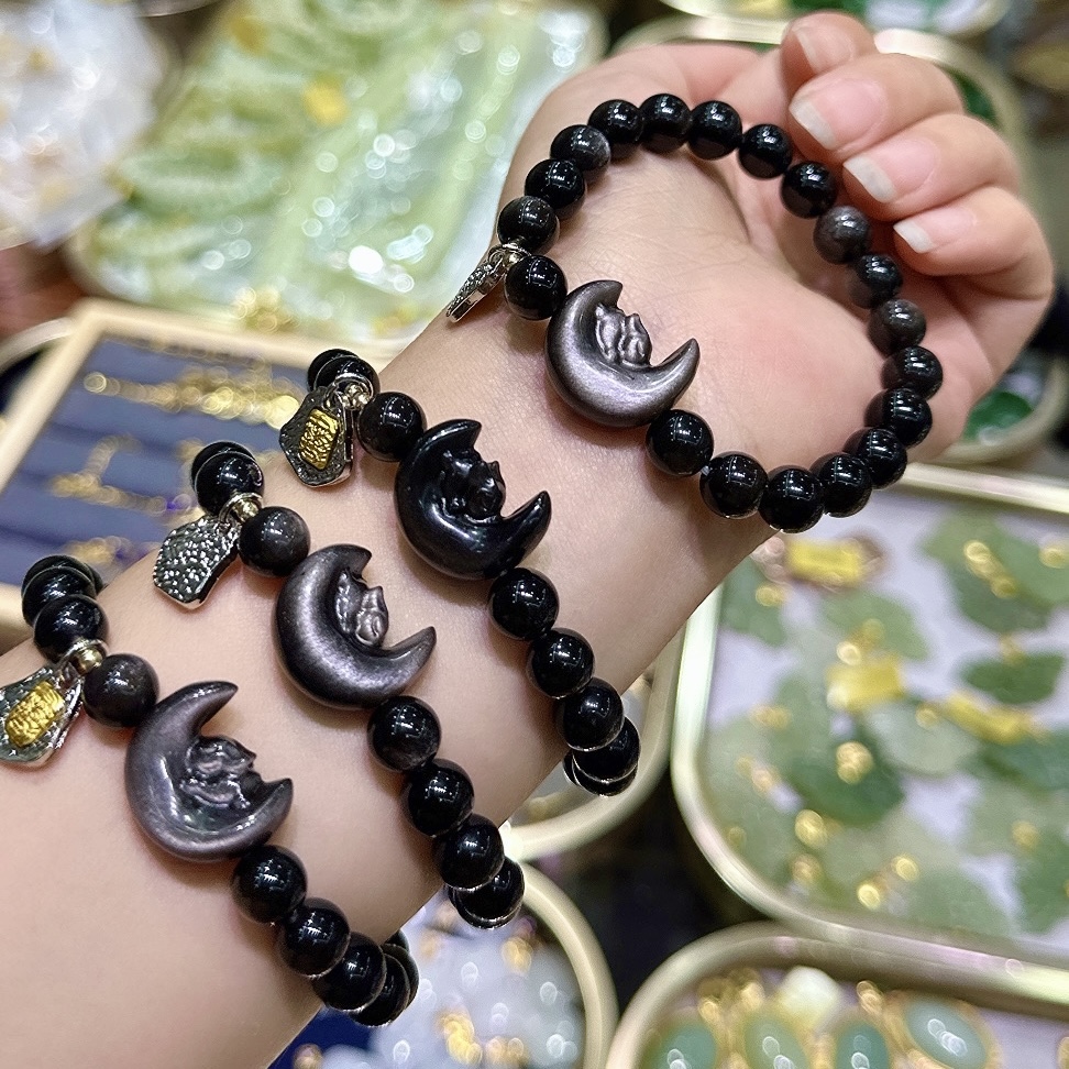 工厂价 天然黑曜石手链原创月亮兔萌宠黑曜石diy扎基拉姆吊坠手串
