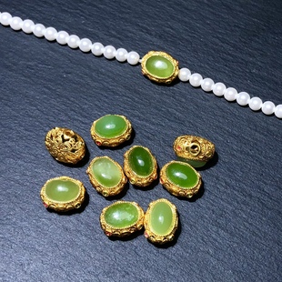 RR0197天然和田玉碧玉通孔桶珠配件苹果绿古法铜镀金仿s925银9mm