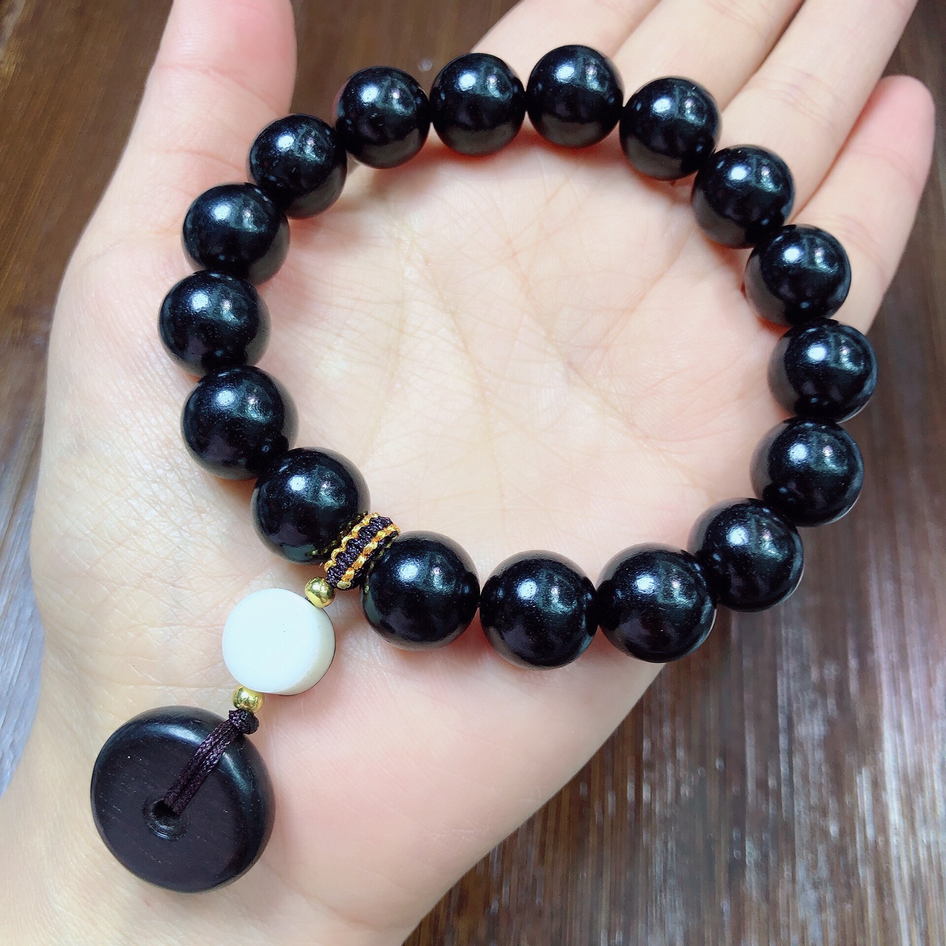 泓石斋 黑檀木手链圆珠原创平安扣手串文玩可盘玩单圈祥云12mm