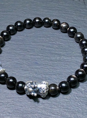 AA0770 天然黑金超七手链原创金运石手串单圈蓝针足银貔貅复古款