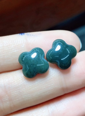 R388 天然和田玉四叶草耳钉s925银塔青青玉女款耳饰礼物10mm