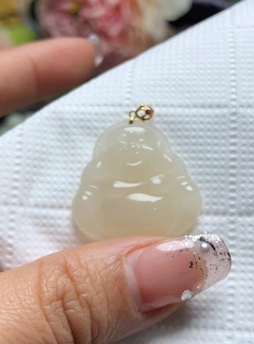 N311天然和田玉吊坠佛公藕粉25mm18k金