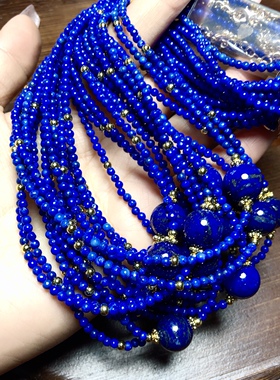 f848 新款天然青金石锁骨链圆珠项链毛衣链约2-11mm半宝石