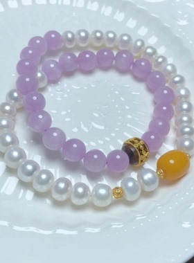 J607天然紫锂辉原创珍珠手链蜜蜡设计款约7mm双圈首饰