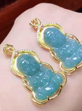 R119 天然A货翡翠观音吊坠蓝水宝宝观音项链玉石挂坠36/23mm