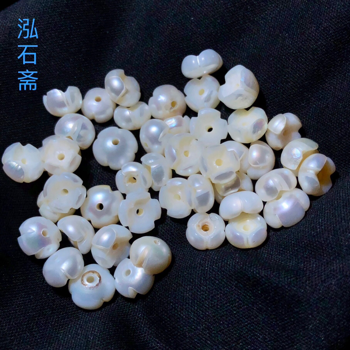 1A602 天然白珍珠淡水珠雕刻桂花珠7-8mmdiy通孔手链串佛珠配饰