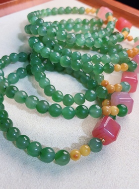 泓石斋 天然和田玉碧玉手链原创猕猴桃碧玉苹果绿方糖块单圈5mm