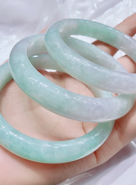 R340 天然A货翡翠手镯缅甸糯冰果阳绿淡春带彩手镯玉石首饰礼物