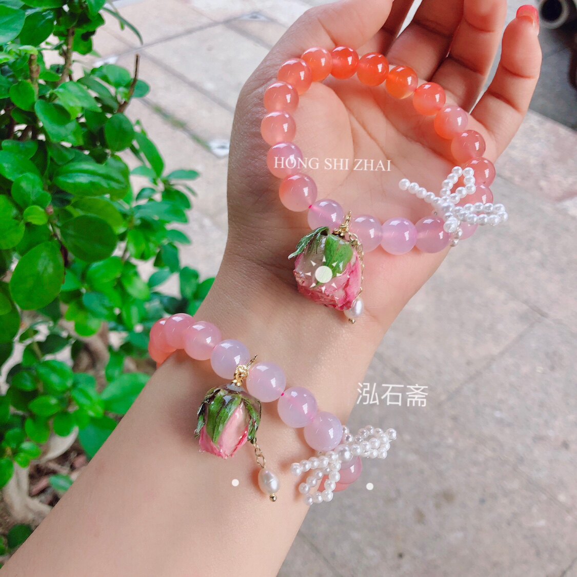 U482 天然盐源玛瑙手串粉红渐变手链单圈桃花约10mm首饰礼物