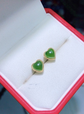 AA0953天然和田玉碧玉爱心耳钉7mms925银苹果绿绿色玉石耳饰耳环