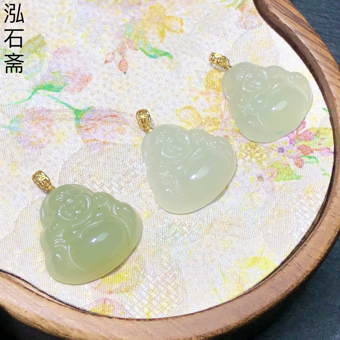 XX0231 天然和田玉冰清水佛公吊坠18k金青海料22/18mm弥勒佛