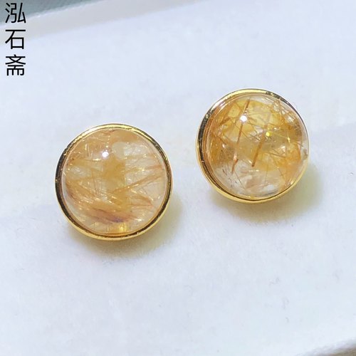 1A122 天然金发晶圆款耳钉钛金s925银板钛9mm吸金水晶耳坠女